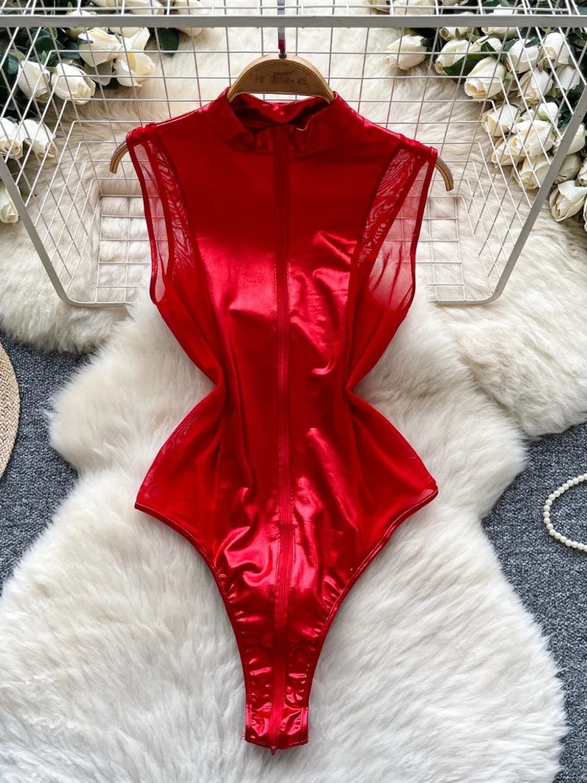 Foamlina Womens Metallic Mesh Bodysuit Mock Neck Leotard Bodycon Seductive Clubwear Sexy Top Rompers Jupsuit 251231