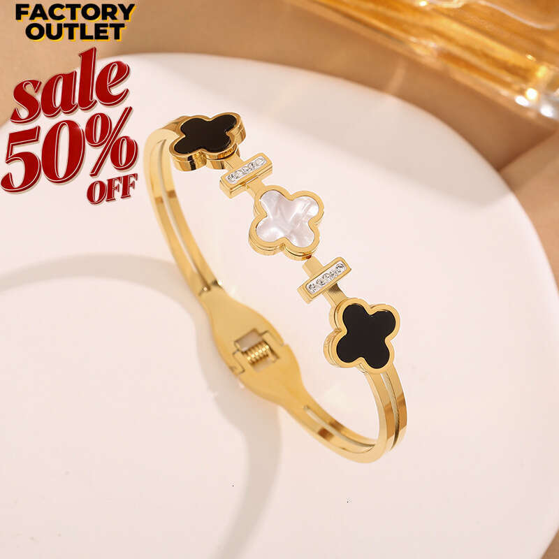 Women's Cuff Bracelet Fashion High-End Four-Leaf Clover Black White Titanium Steel for Women with Micro Inlaid Diamonds Personalized siver 925 an