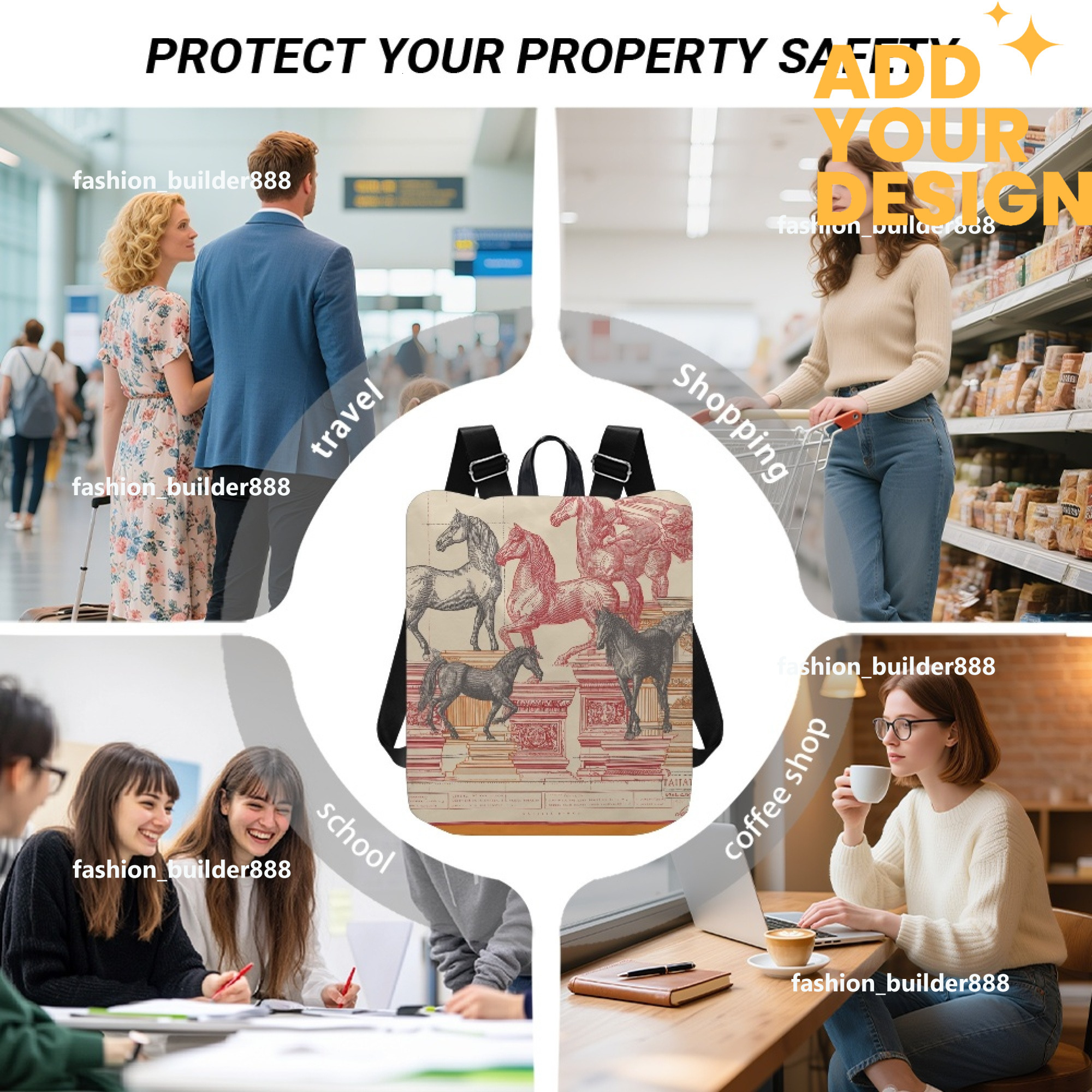 Custom H Designer Fashion Anti Theft Backpack Luxury Horse Pattern Unisex Full Print Backpack Laptop Bag Travel Bag H57