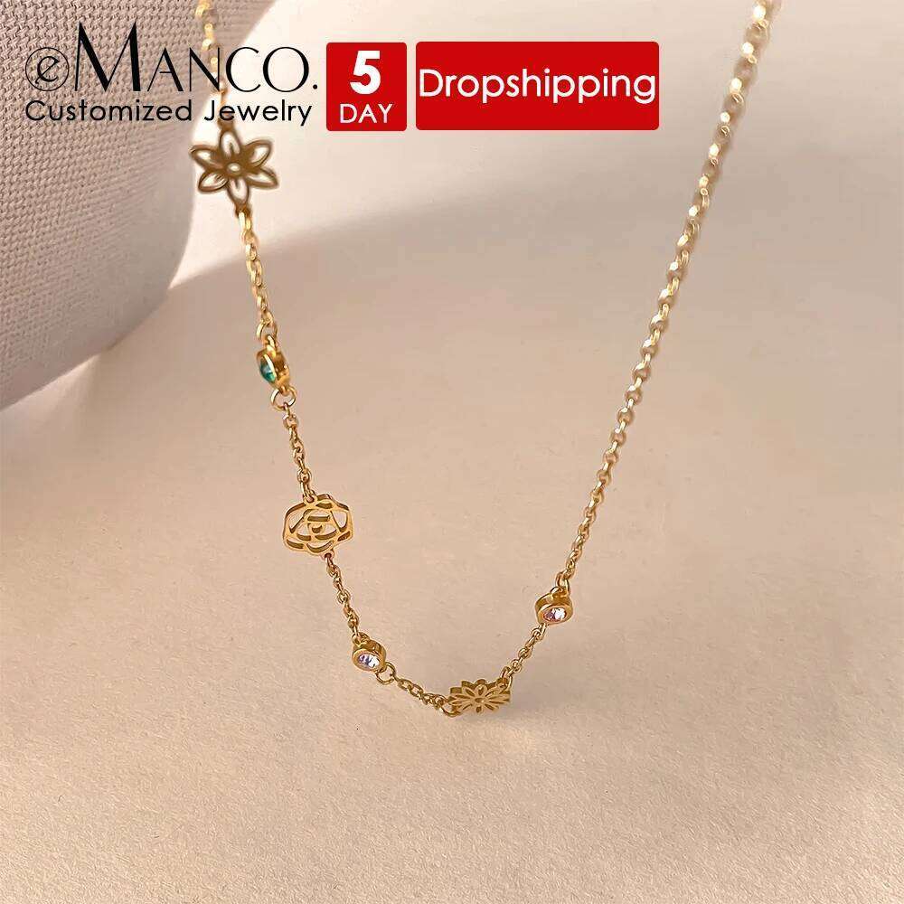 eManco Customized Stainless Steel Botanical Flower Necklace Colorful Rhinestone Women's Fashion Necklaces Jewelry Holiday Gifts