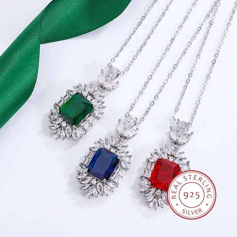Luxurious 925 Silver Plated Necklace for Women Ashion Red/Blue/Green Square Zircon Pendant High Quality Sweater