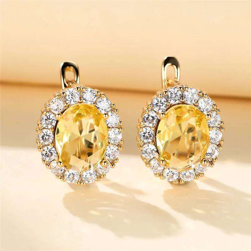 Luxury Crystal Yellow Oval Stone Multicolor Zircon Small Hoop Classic Silver Color Wedding Earrings For Women
