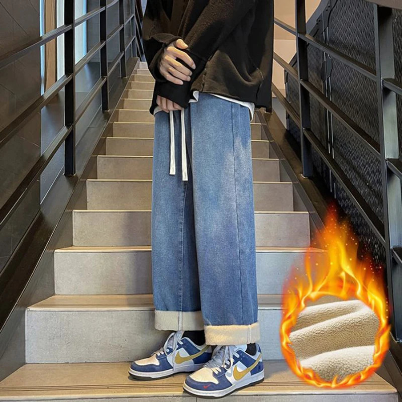 Men Snow Warm Plush Elasticity Jeans Male Fashion Fleece Lined Thickened Denim Pants Casual High Street Trousers 251226