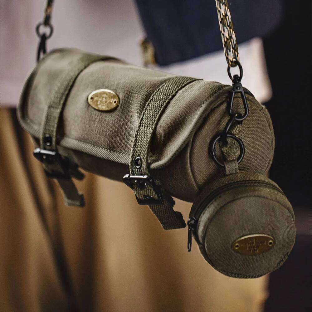 Men S Vintage Canvas Military Green Cylinder Woven Shoulder Strap Crossbody Commuter Bag Detachable Coin Purse High Quality Luxury Bag