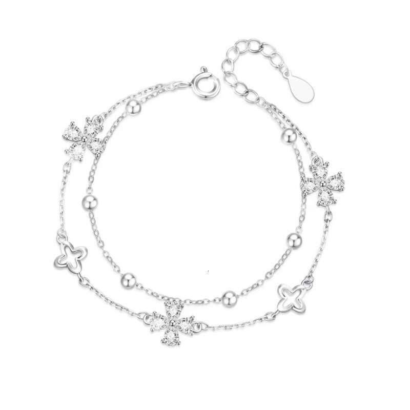 Women's Double Layer Stacked Four-Leaf Clover Bracelet S925 Silver Exquisite Fashion Sweet Hand Jewelry for Gift