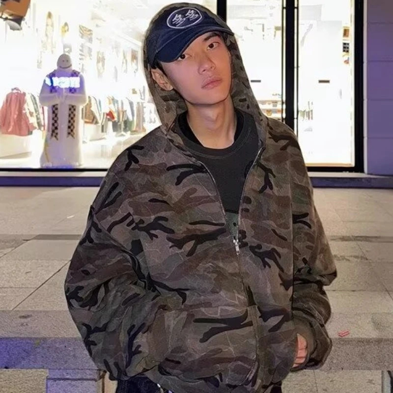 Camouflage Mens Hooded Jacket Loose American Style Cardigan Sweatshirt High Street Versatile Casual Fashion Loose Mens Clothing 251226