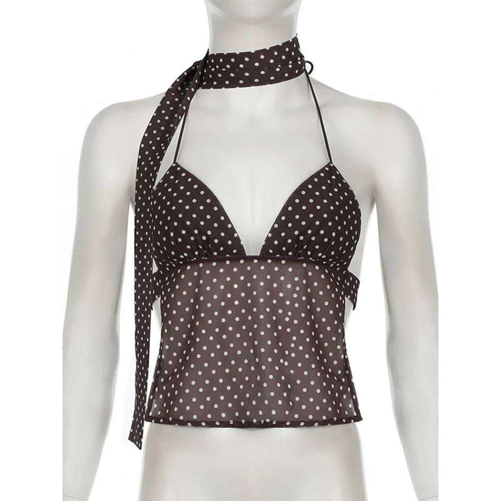 Y2k Tops Summer Women Vest Polka Dot Print Spaghetti Strap Sleeveless Camisole with Scarf Vintage Clothes Streetwear