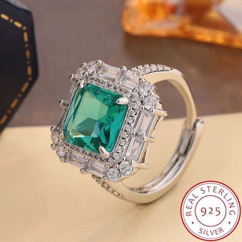 Fashionable 925 Silver-plated for Women's - High-quality Shiny Green Zircon Ring with Adjustable Opening