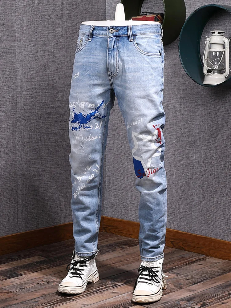 Slim Straight Jeans Men Trendy Printed n Streetwear Fashion Vintage Washed Stretch Handsome Mens Pants 251205