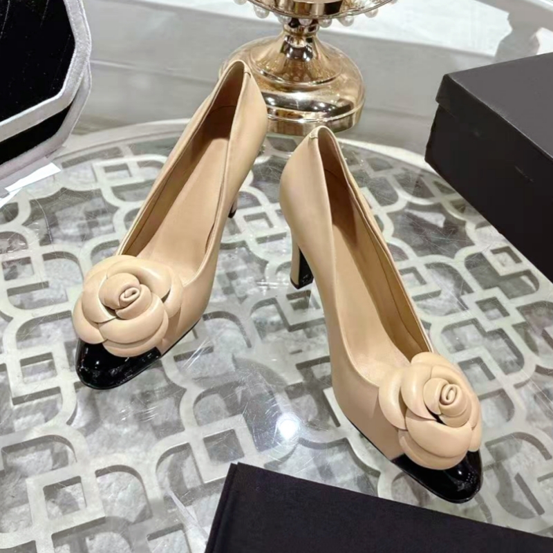 Luxury female designer leather slide high heels boat shoes for spring and autumn fashion, cowhide sexy slim heels banquet shoes flower wedding shoes 35-42