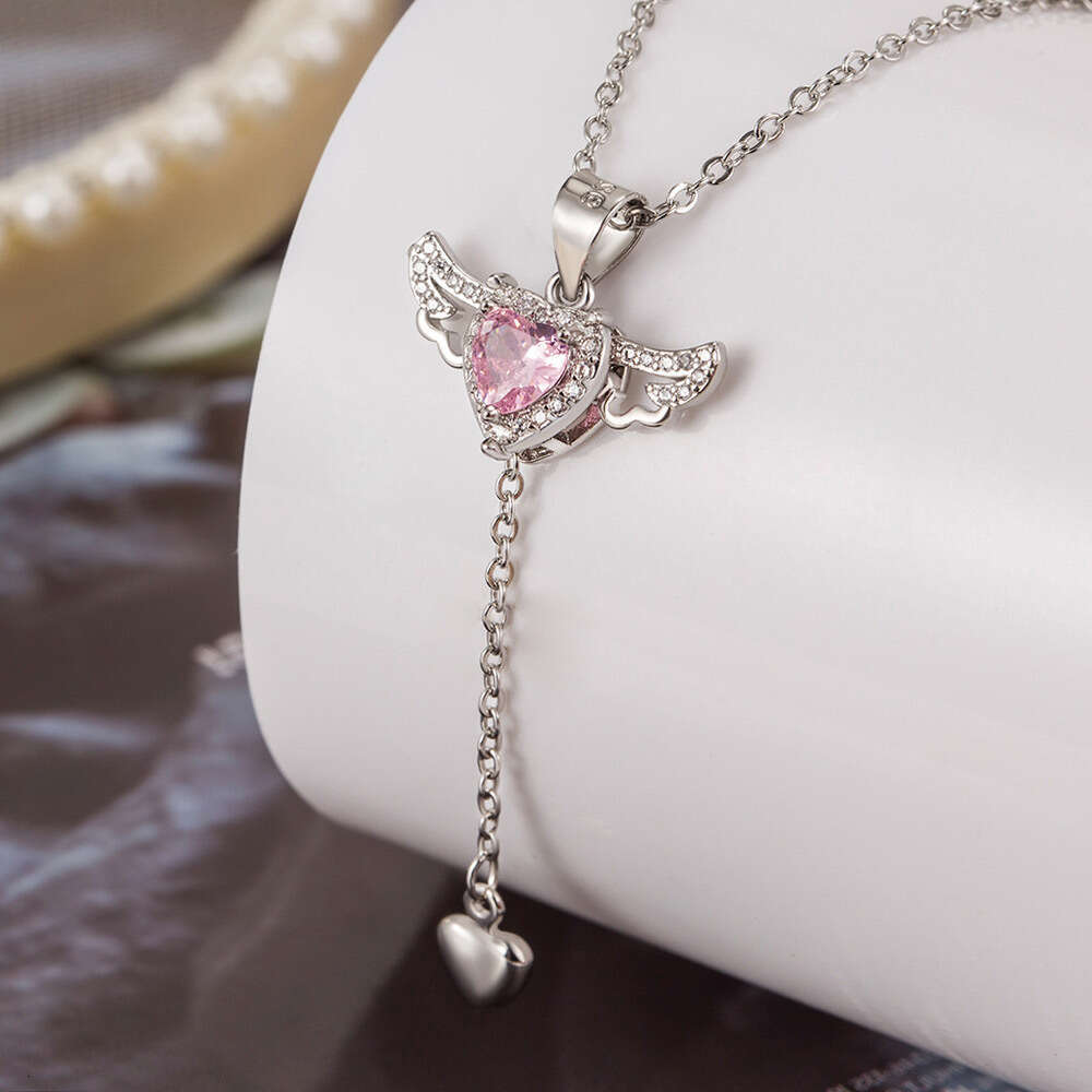 Women's Light Luxury Cupid Heart Necklace Zircon Inlaid Angel Wings Pendant European American Fashion Collarbone Chain Festival Jewelry