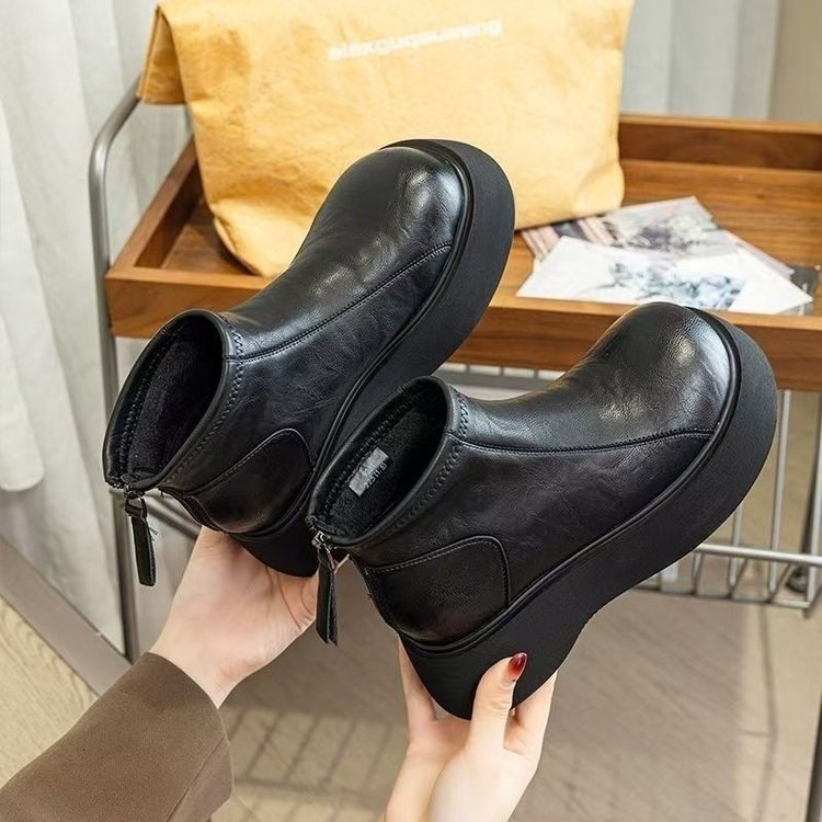 Ddmysports Winter Thick Soled Height Increasing Fleece Lined Thickened Soft Leather Fur Martin Lazy Shoes New Short Cotton Boots For Women Outdoor Shoes