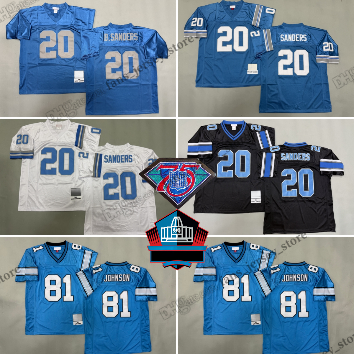 20 Barry Sanders 1996 DIY Throwback Football Jerseys 81 Calvin Johnson Blue 2007 Stitched Jersey Add 75th Patch