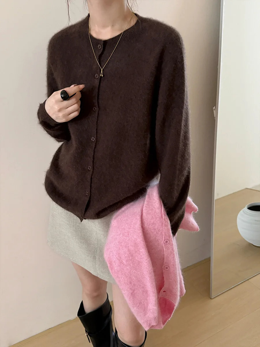 Women Fleece Wool Cashmere Sweater Cardigan Autumn Winter Round Neck Seamless Single Breasted Soft Knitwear 251224