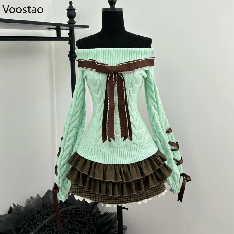 Autumn Winter Sweet Lolita Style 2 Piece Set Women Kawaii Slash Neck Bow Knitted Sweater Mini Cake Skirt Suit Femme Y2k Outfits 260104