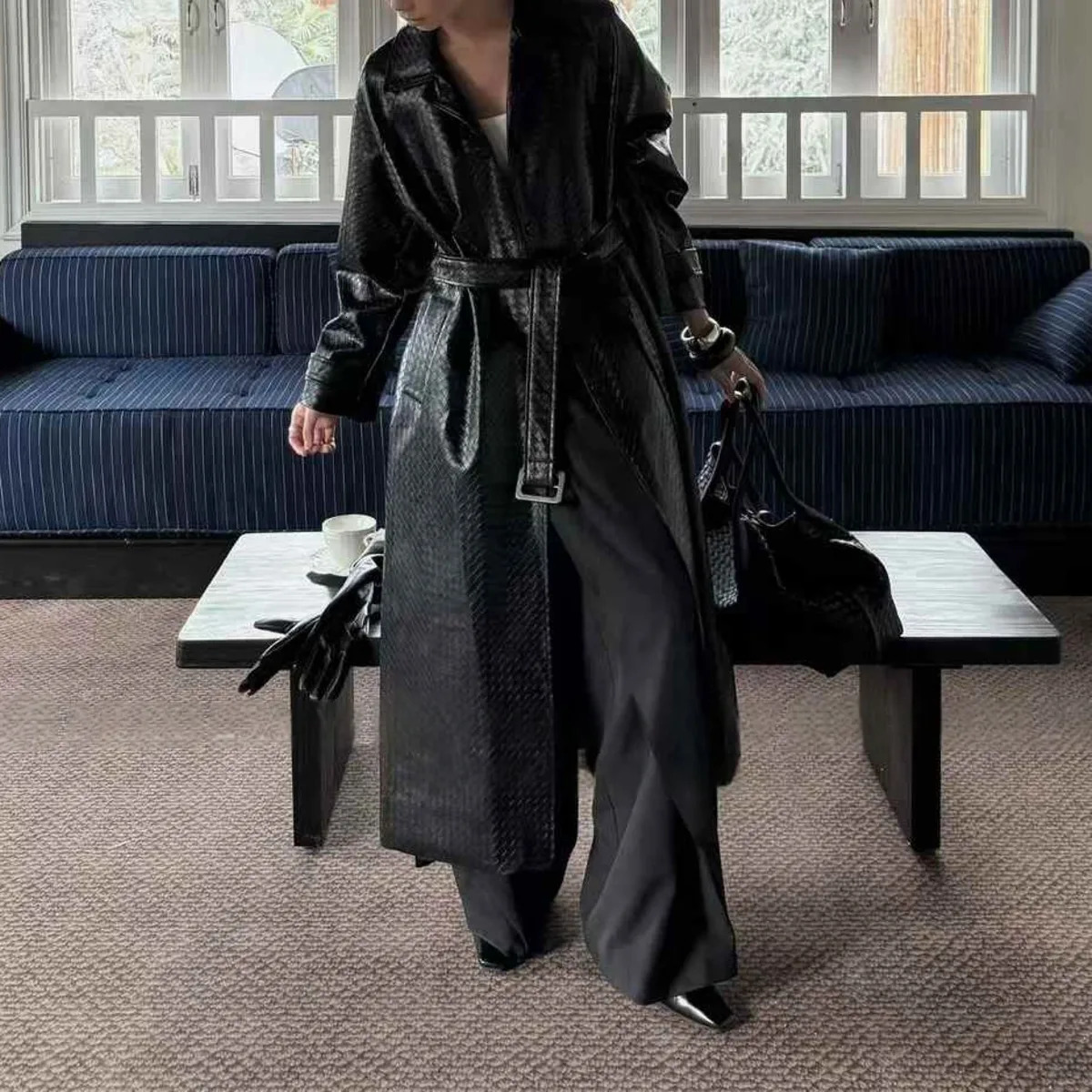 KWTX 2025 Womens Long Faux Leather Trench Coat Belted with Pockets Lapel Vintage Casual Trendy Spring Autumn Comfortable 251231