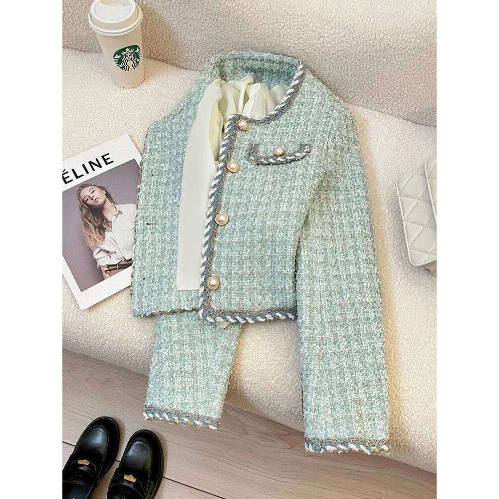 Chic Button Crop Coats Women Spring Autumn Long Sleeve O Neck Elegant Jacket French Fashion Exquisite Office Lady Tweed Outwear