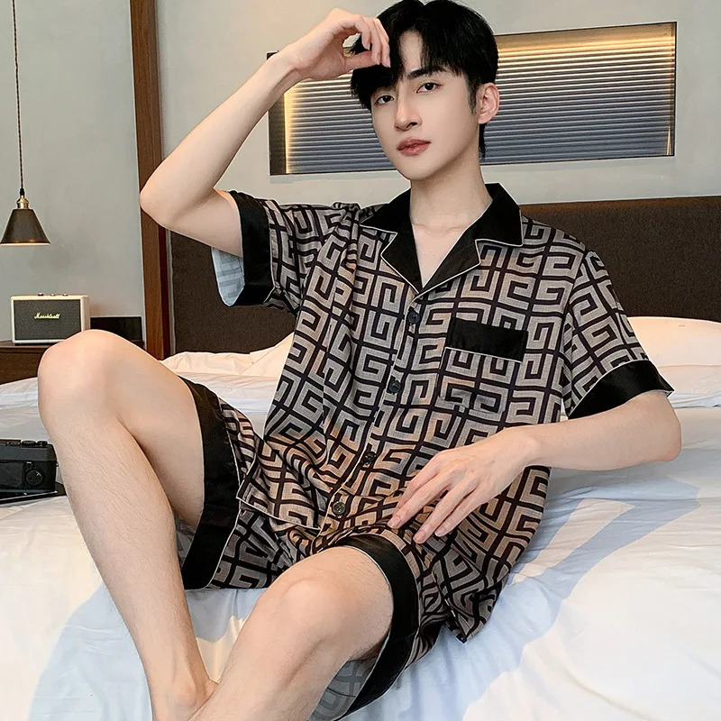High Quality Pajamas Suit Men Ice Silk Summer Thin Short Sleeves Cool Satin Sleepwear Chic Pyjamas Set Male Loungewear Boy Gift 251231