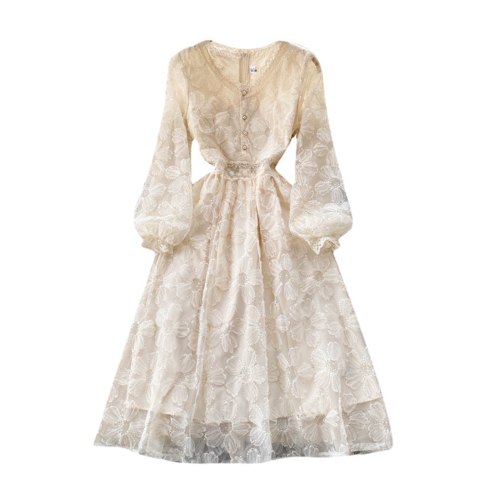 Urban Sexy And Gentle Style Women's Dress With Fitted Waistline Knee-length Sleeves A-line Skirt Elegant Temperament V-neck Lace Dress