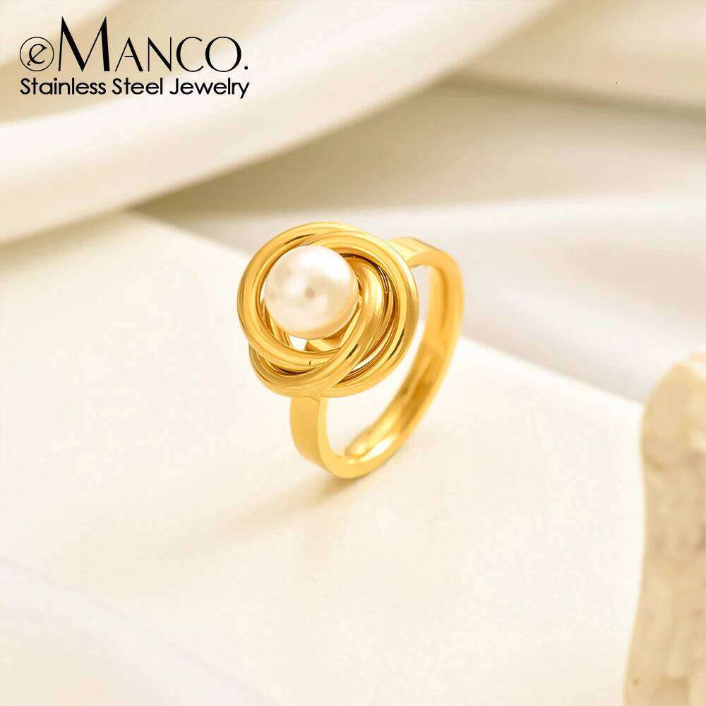 eManco Vintage Stainless Steel Fashion Imitation Pearl Rings Gold-plated Women's Ring Finger Jewelry Holiday Gift