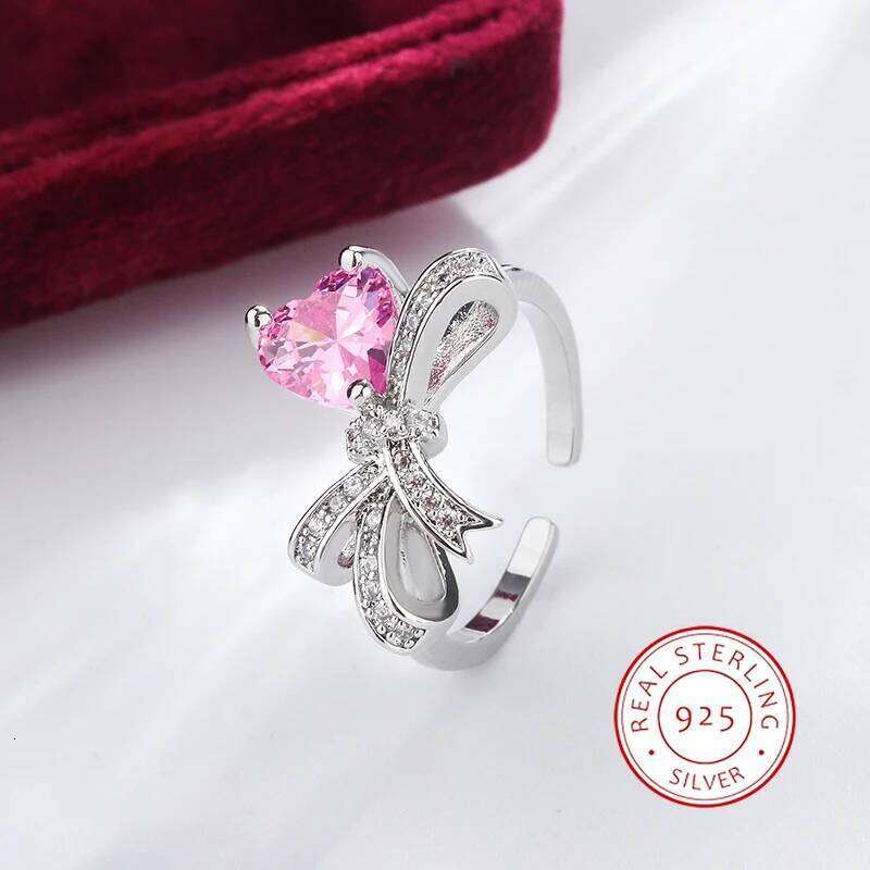 Fashion Bow Jewellery Three Pieces Set 925 Stamp New Pink Love Zirconia Ring Earrings Party Birthday Gift