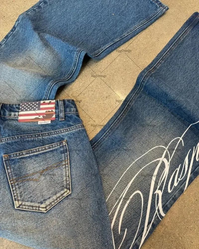 Street Retro Harajuku Y2K Jeans Women High Street Trendy Vintage Clothing Hip-hop Punk Casual Blue Denim Micro-flare Pants Men 251225