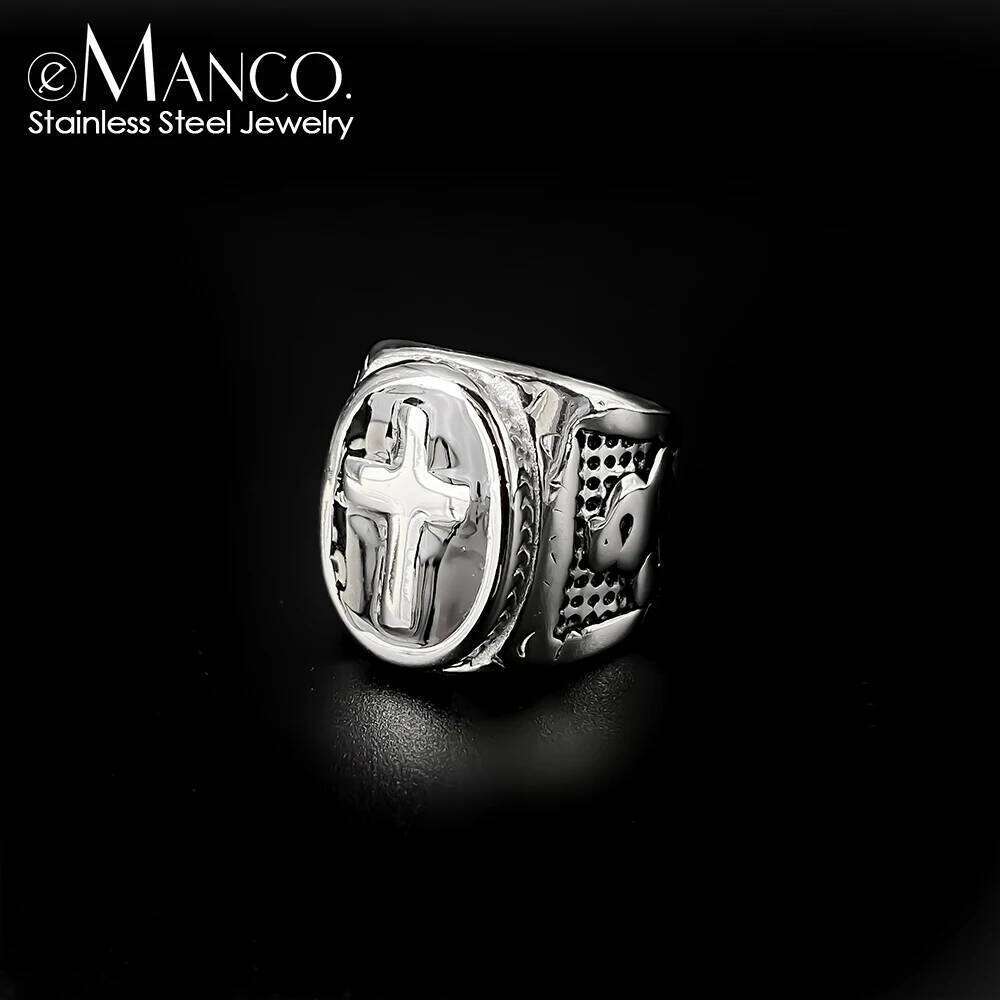 eManco Stainless Steel Hip-Hop Style Ring with Black Cross Element Textured Pattern Gender-Neutral Design Ideal for Jewelry
