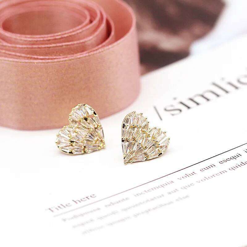 Lovely Full Diamond Golden Peach Heart 925 Silver Women's Exquisite Love Earrings To Attend Party Jewelry