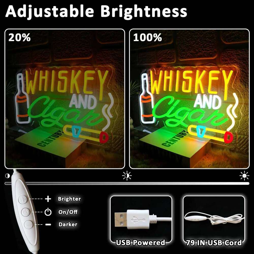 Whiskey Cigar Neon Sign with Dimmable Switch LED Light Up for Wall Lounge Home Pub Bar Man Cave Wine Cellar Hotel Decor 26T0104
