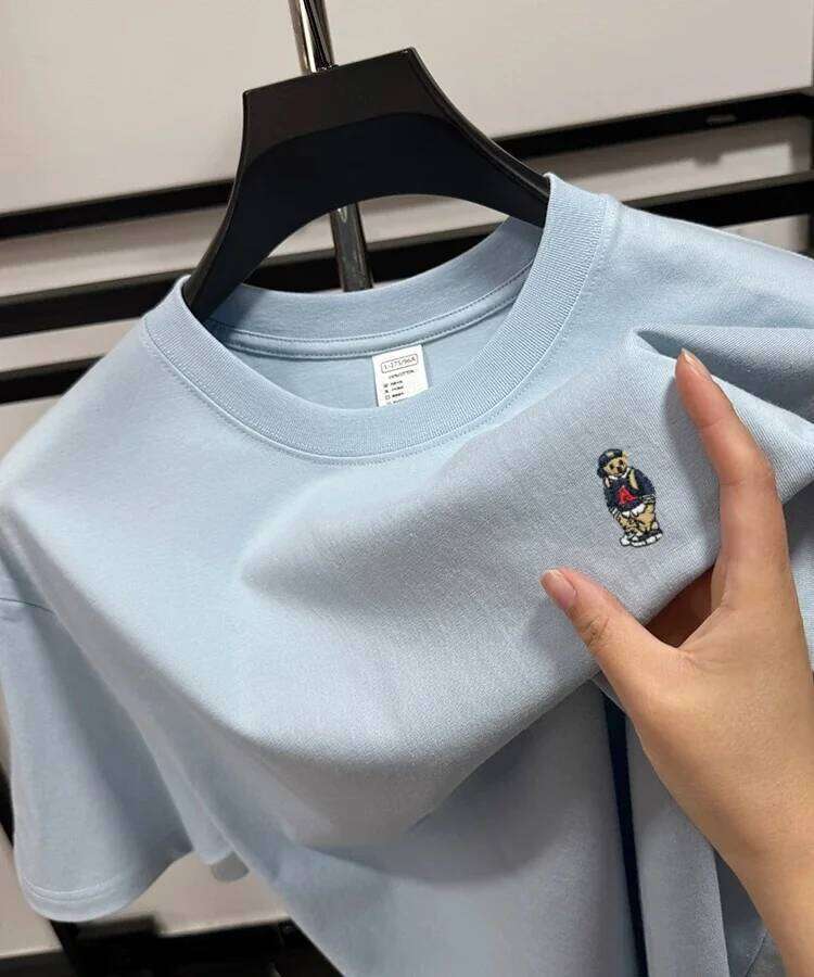 100%cotton high-end short sleeve T-shirt men's summer trend new brand bear embroidery Korean youth loose casual round neck top