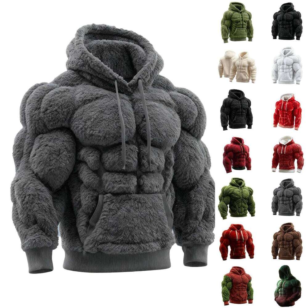 Men's Fashion Flannel Hoodie Pullover Abdominal Muscle Design Sportswear Autumn Winter Casual Long Sleeve Hooded Sweatshirt 26M0104