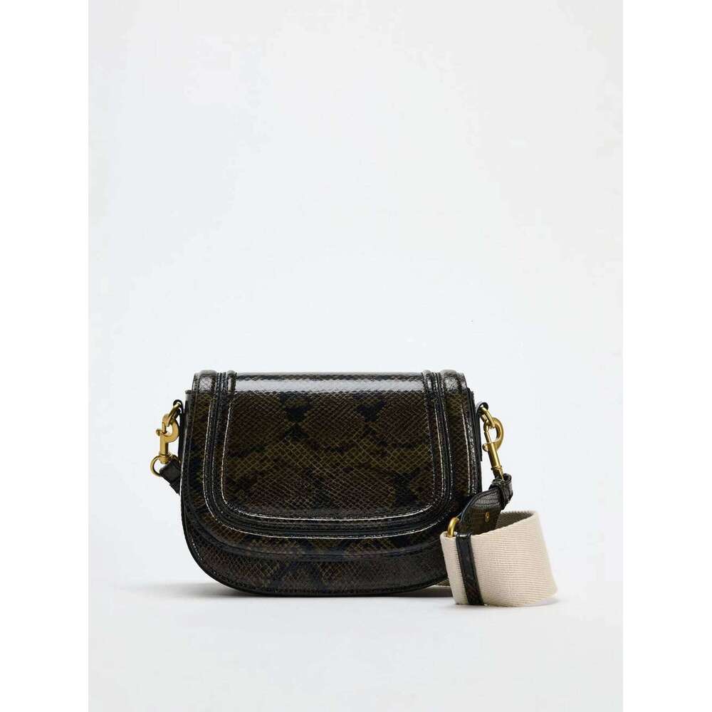 Saddle With Magnetic Buckle Flip Cover And Decorative Snake Print Crossbody Bag