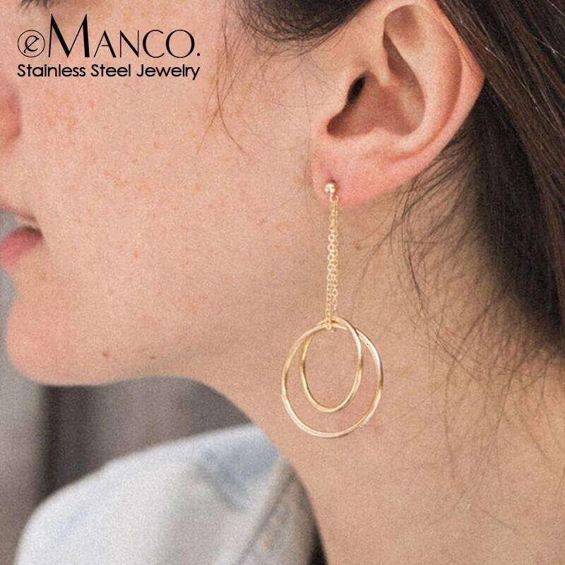eManco Minimalist Style Gold Color Stainless Steel Long Drop Earrings with Double Circle Elements for Daily Fashion Jewelry