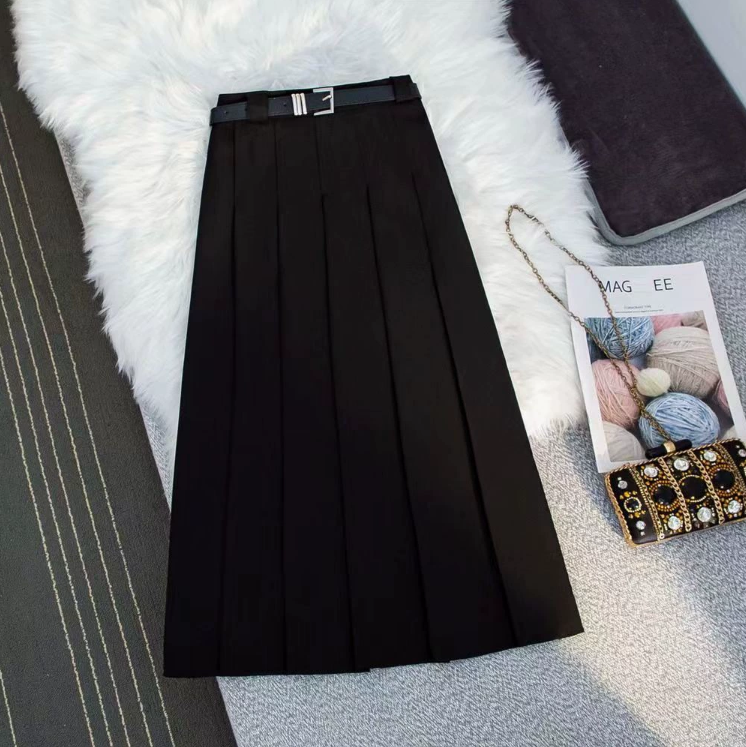 Skirts Women Maxi Skirt High Waist Pleated Ankle Length With Belt Solid Color A-Line Long For Office Women's Clothing