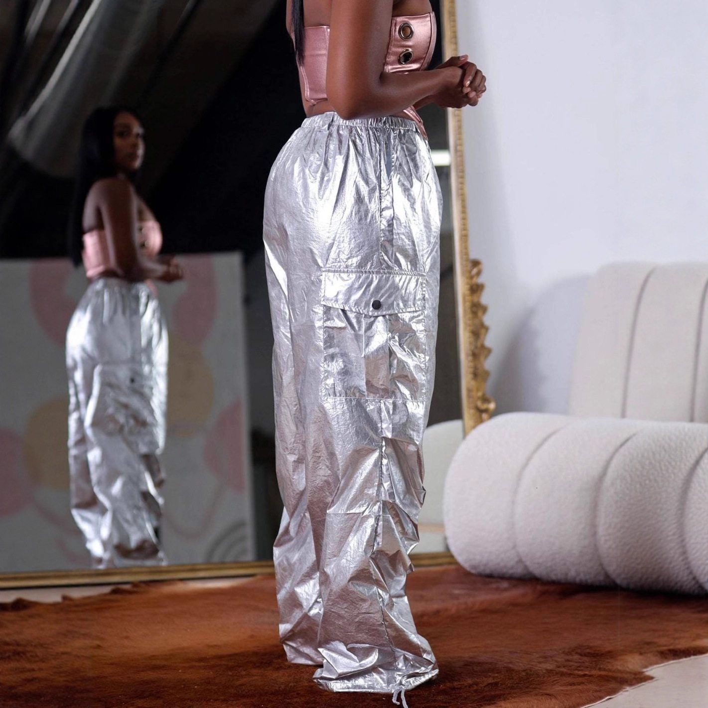 Fashion Womens Casual Pants Solid Color Three-Dimensional Pocket Pleated Cargo Trousers