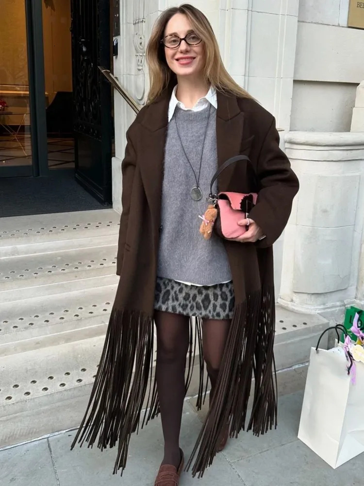 Fringed Woolen Trench Coat Suit Collar Loose Commuting MidLength Women Tassel Overcoat Street Trend Solid Color Classic Outwear 251231