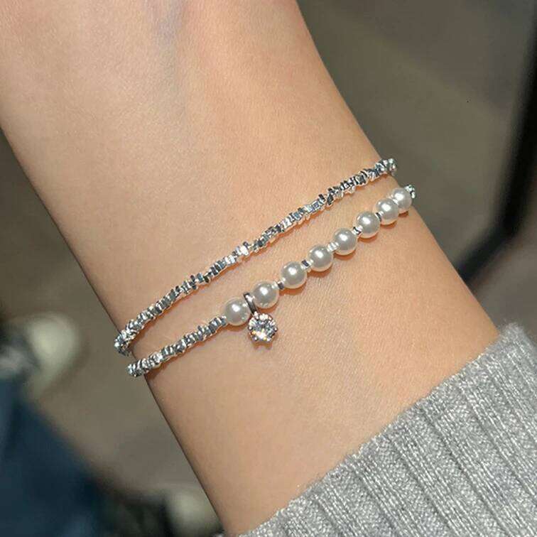 Tibetan Silver Imitation Pearl Zircon Geometric Charm Bracelets for Women Minimalist Trendy Fashion Jewelry Accessories