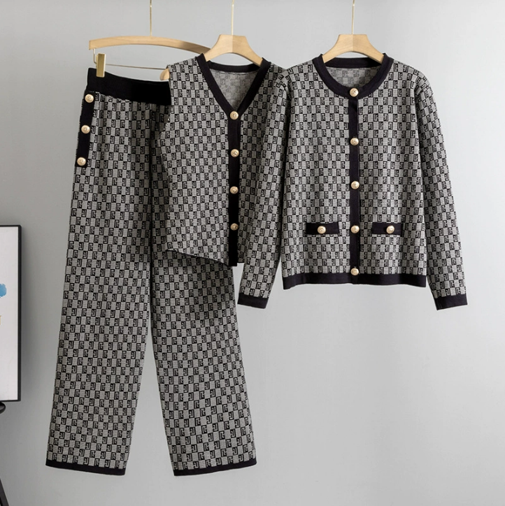 European new fashion style knitted suit women's spring and autumn vest sweater cardigan pants three piece set trendy