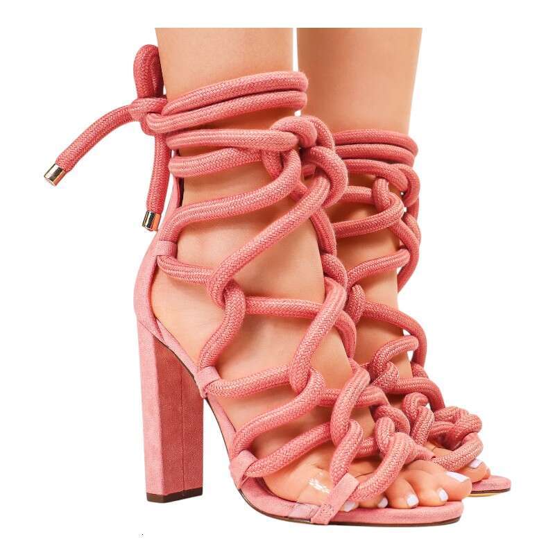 Women Chunky Rope Lace Up High Heel Sandals MOJIDASHU