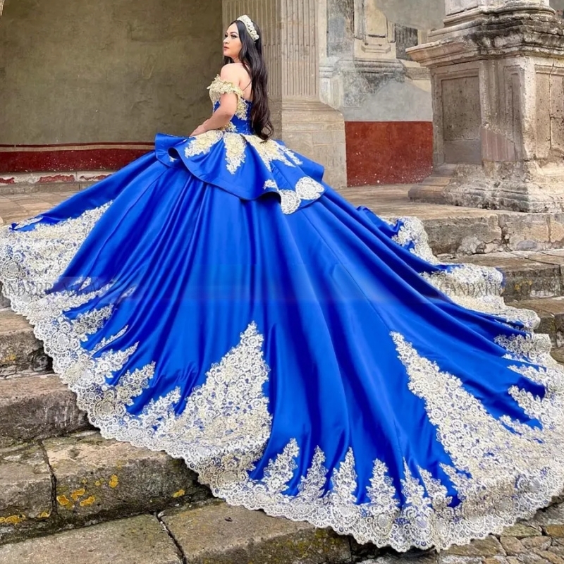 Royal Blue Shiny Quinceanera Dresses Off Shoulder Ball Gown Sweet 16 Dress Applique Lacee Beading Birthday Party Vestidos 15 De Anos