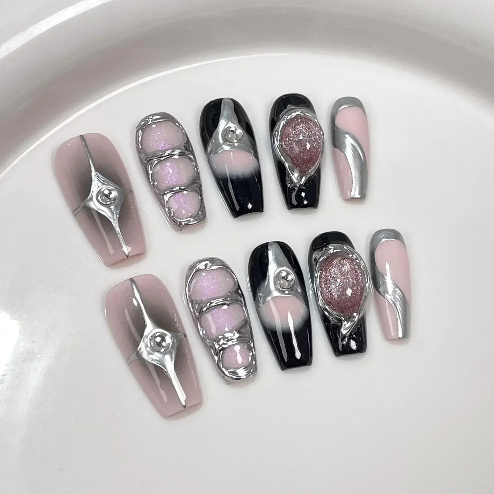 10Pcs Black Handmade Press On Nails Coffin Fake Nails Full Cover Gradient Metal Contrast Artificial Manicure Wearable Nail Tips 251224