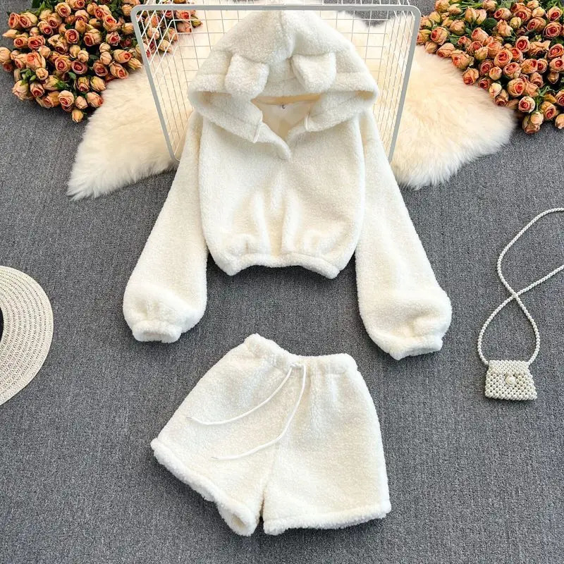 Short Sets Women Two Pieces with Hat Hoodies Bear Ear Solid Plus Velvet Thicker Crop Tops Lace Up Trendy Sweet Girls Cozy 251226