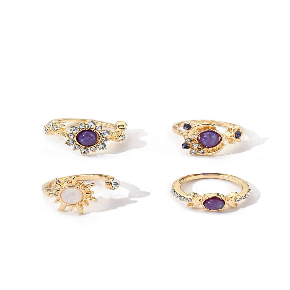 Fashion Ring INS Gemstone Sun Moon Inlaid Diamond Geometric Purple Rings Set for Women