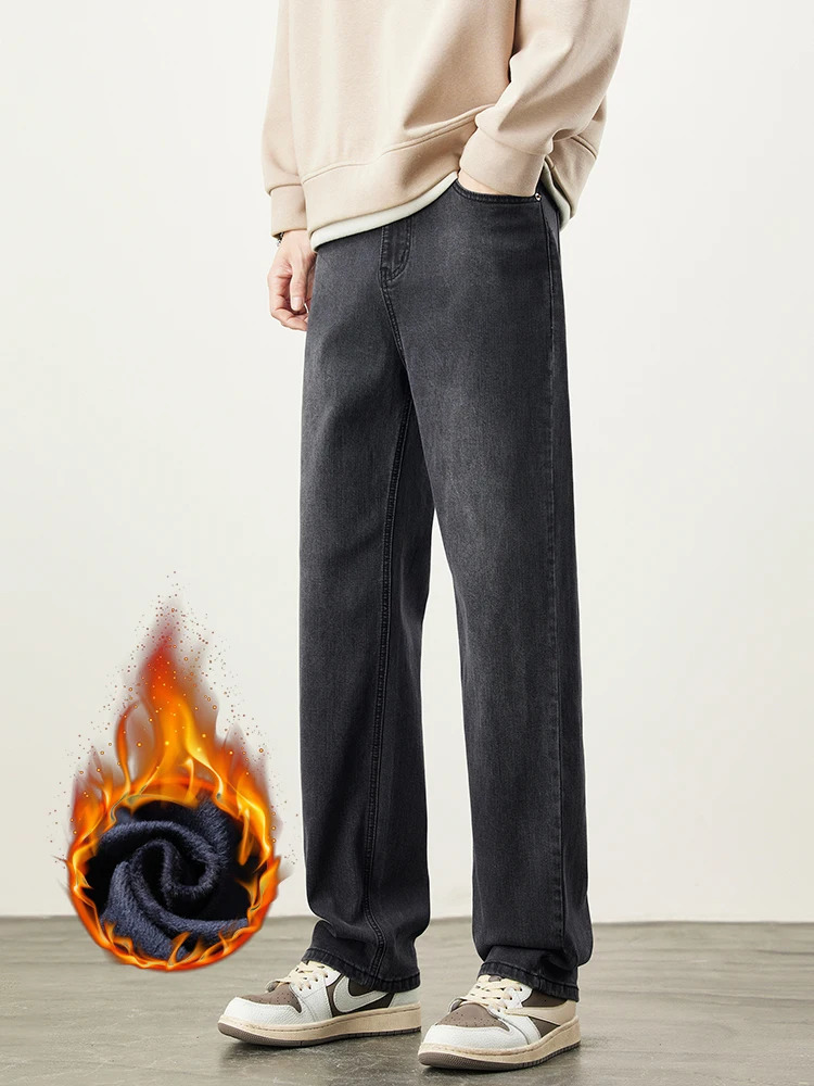 Fleece Mens Straight Jeans Winter Baggy Thick Warm Fashion Korea Plush Wide Denim Pants Casual Male Thermal Trousers 251226