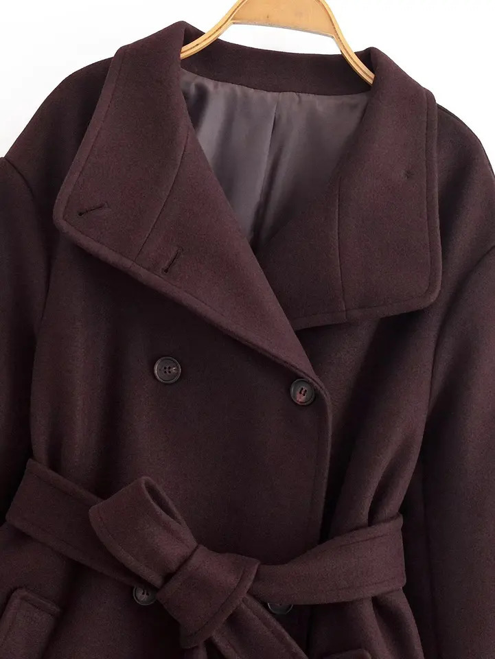 Women Elegant Solid Lace Up Long Woolen Coat Female Stand Collar DoubleBreasted Retro Overcoat Lady Autumn Winter Street Outwea 251216