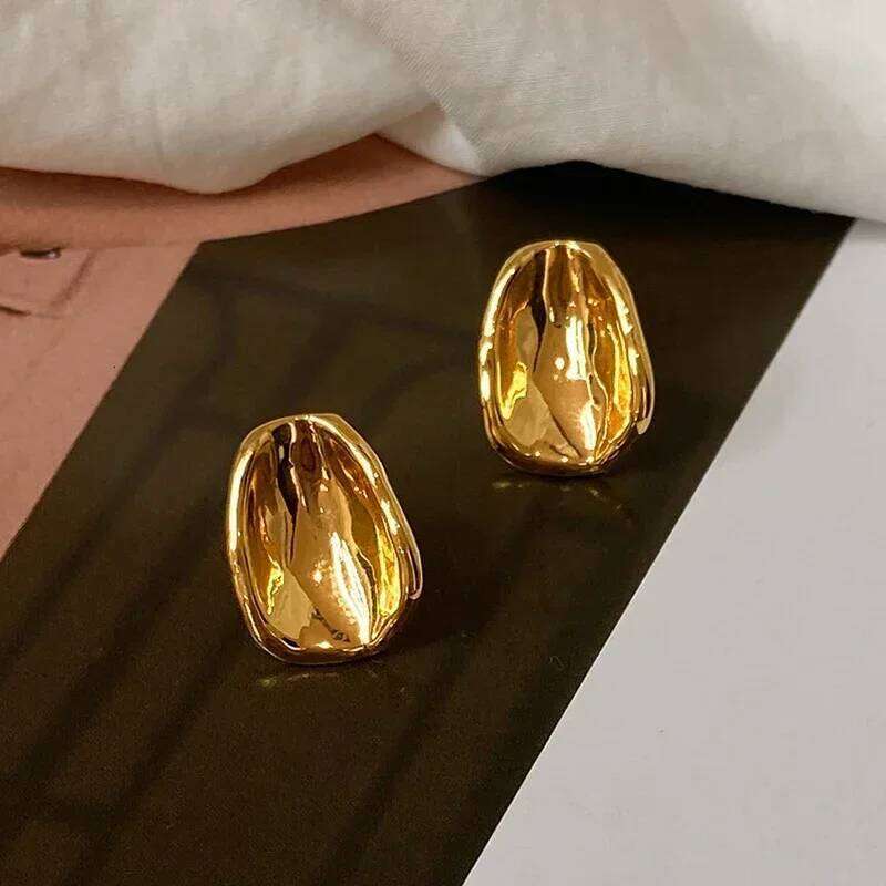 Real 925 Sterling Silver 18K Gold Irregular Elliptical Stud Earring for Women Personality Fine Jewelry Trendy Accessory