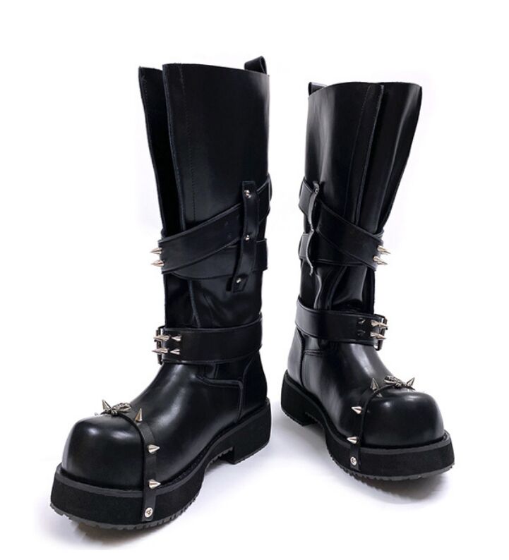 Luxury Designer Shoes Turn Over Edge Metal Decorations Belt Buckle Round Toe Women Motorcycle Boots Black Slip on Fashion Western Punk Street Shoes