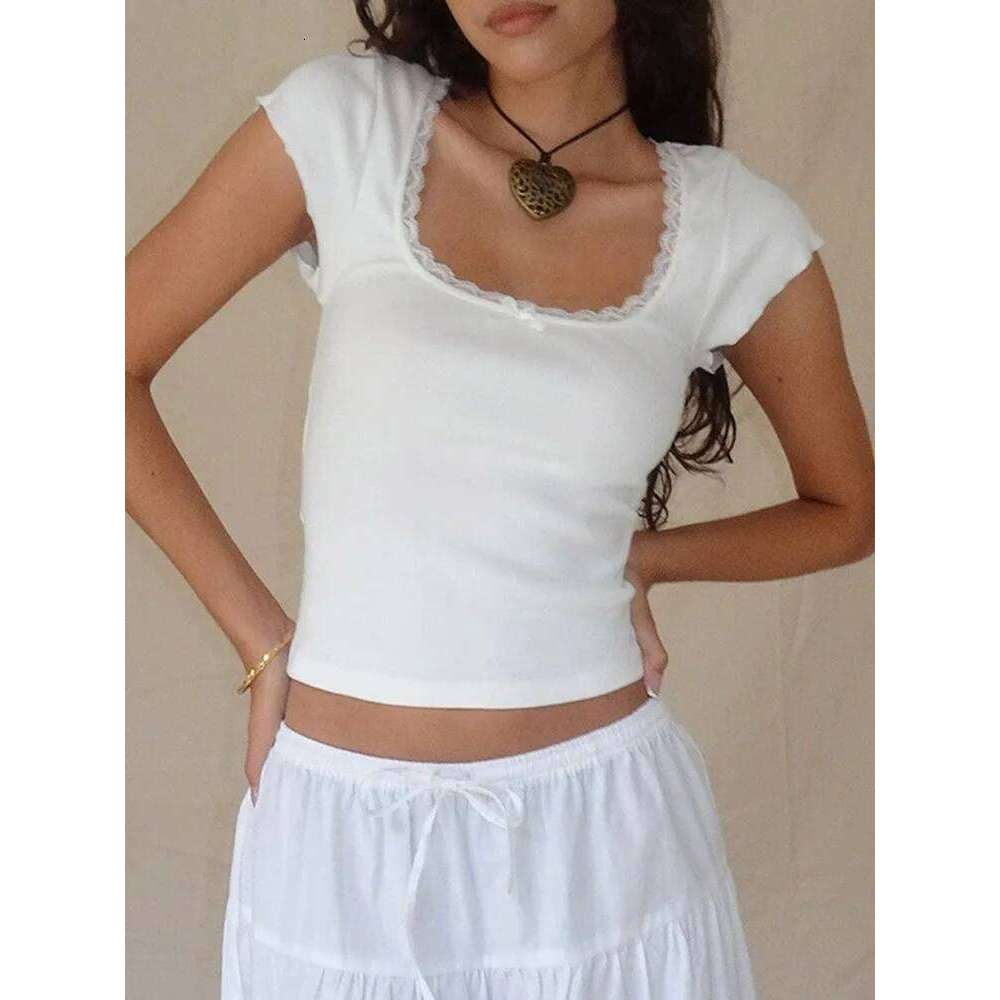 y2k Vintage Baby Cottage Lace Trim Knitted T-Shirt Summer Square Neck Short Sleeve Tee Shirt Women White Milkmaid Crop Top