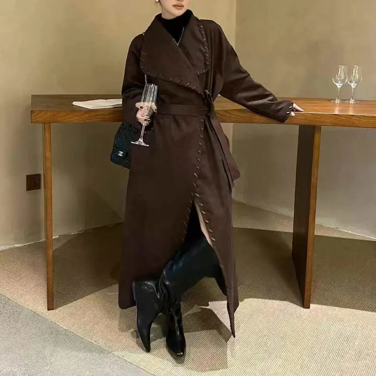 BJTZ Fashion Vintage Trench Coat For Woman 2025 Autumn Laceup Tiewaist Big Lapel Loose Fit Windbreaker 251231