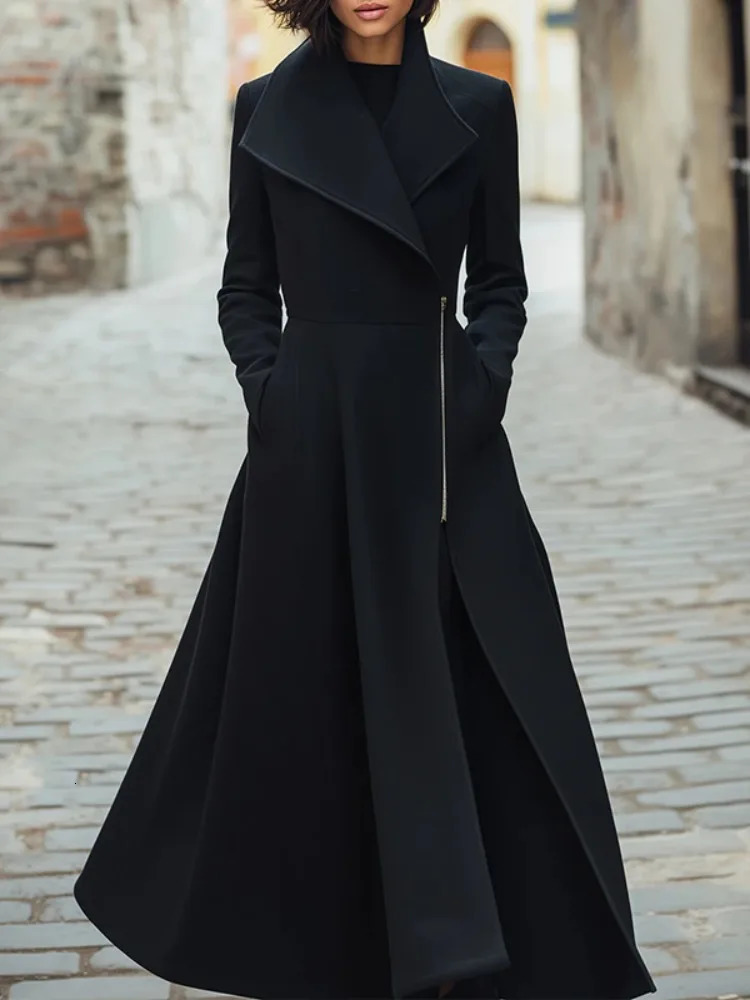 Freeacy 2025 Womens Black Elegant Long Trench Coat Wide Notch Collar SideZippered Sleeves Slim Fit Dress Outerwears 251231